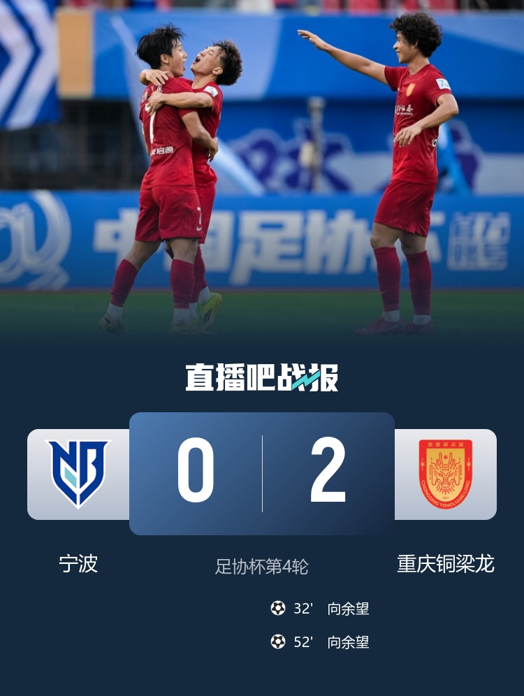向余望双响 重庆铜梁龙客场2-0宁波 晋级足协杯16强 向余望双响 重庆铜梁龙客场2-0宁波 晋级足协杯16强