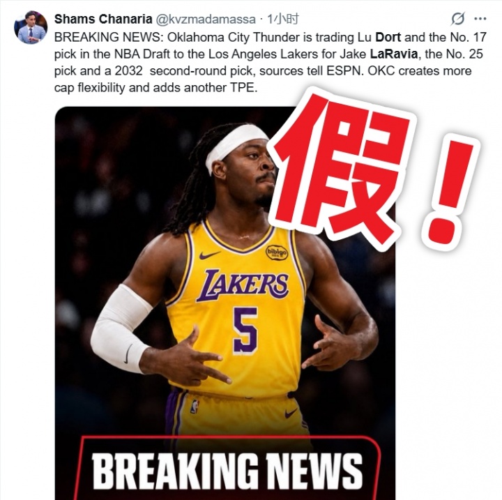 假Shams炮制湖人交易流言：拉拉维亚换多特系AI造假