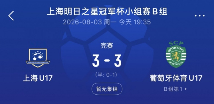 上海U17连追两球3-3逼平葡体U17,梁锦鸿双响救主