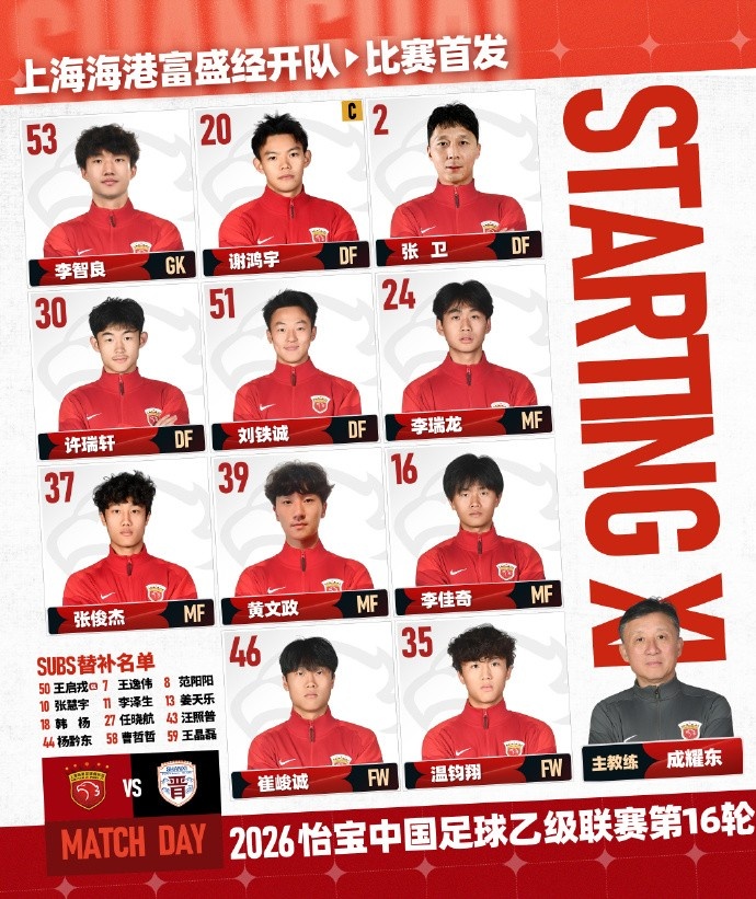 中乙第16轮海港富盛经开主场迎战山西崇德荣海首发出炉
